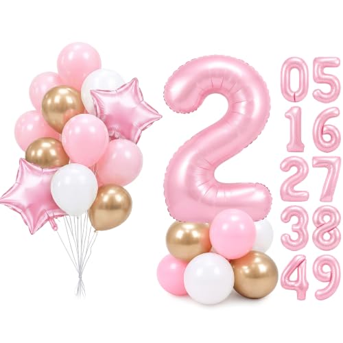 Image of PartyWoo Baby Pink Number 2 Balloon 40 Inch 25pcs Pink Foil Star White Gold