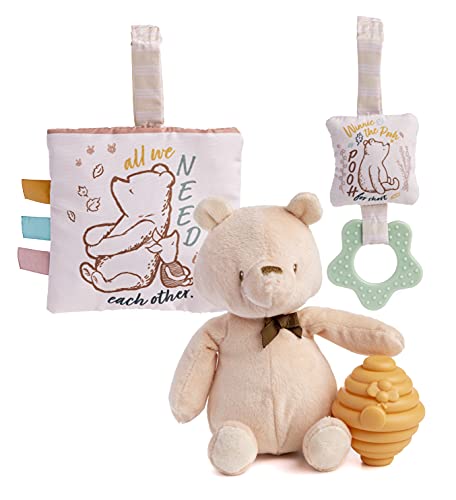 Image of KIDS PREFERRED Classic Pooh 4 Piece Set with Pooh Stuffed Animal, Squeaker Toy, Crinkle Square, and Teether