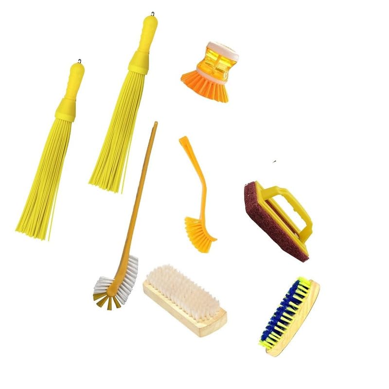 8 Items Bathroom Cleaning Set with Toilet Brush, Tile Scrubber Brush, Basin Brush, Plastic kharata Broom and Nylon Sink Brush, Cloth Brush Combo, Color May Vary as per Availability