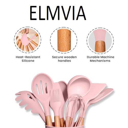 Image of Elmvia Silicone Cooking Utensil Set,12 PCS Cooking Kitchen Utensils Set, Nonstick Kitchen Utensils 446F Heat-Resistant Cookware Kitchen Tools of Spoon,Brush,Whisk,Spatula,Turner Tongs (Pink)