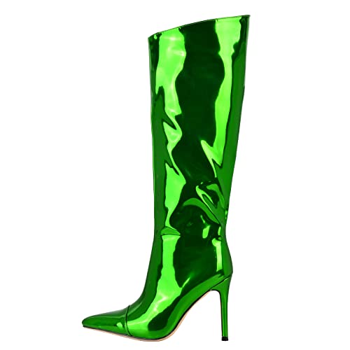 Image of Arqa Knee High Boots for Women Wide Calf 4 in Stiletto High Heel Metallic Boots Winter Chrome Zipper Long Boots Dressy Party Shoes