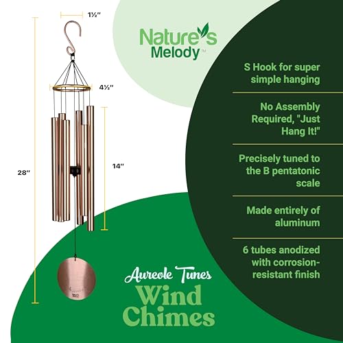 Nature’s Melody Aureole Tunes Wind Chimes – Outdoor Windchime with 6 Tubes Tuned to B Pentatonic Scale, 100% Rustproof Aluminum, Powder Finish & S Hook Hanger for Sympathy, Memorial Gift or Zen Garden