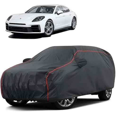 Image of Sulfar 100% Water Resistant Car Body Cover Compatible with Mirror for Porsche Panamera (Triple Stitched, Full Bottom Elastic, Dark Grey Taffeta with Red Piping)