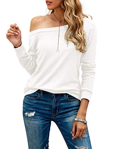 HIYIYEZI Women s Off The Shoulder Tops Casual Long Sleeve T Shirts (Large, White)