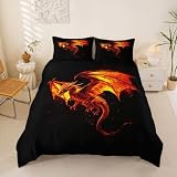 Homemissing Fire Breathing Dragon Bettwäsche Set 135x200cm Flaming Dragon Bettwäsche-Set mit Reißverschluss Mythical Creature Print Bettbezug Drache Silhouette Art mit 1 Kissenbezug