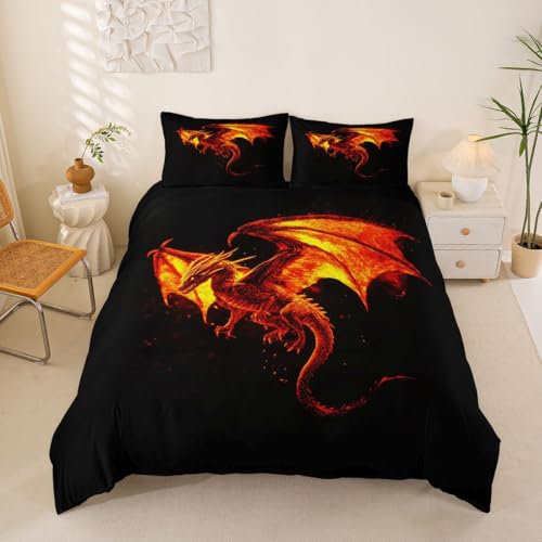Loussiesd Fire Breathing Dragon Duvet Cover Single Size Flaming Dragon Comforter Cover for Boys Girls Mythical Creature Print Bedding Set 2Pcs Animals Silhouette Art Room Decor