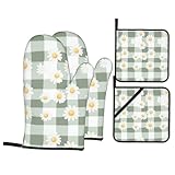 Manoplas Horno Flores De Margarita A Cuadros Verdes Antideslizantes Guantes De Horno Flexible Agarradores para Pizza Cocinar Juego De 4