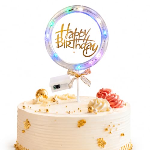 Image of Wanna Party Happy Birthday LED Cake Topper, Transparent Round Cake Decoration with Gold Text, Built-In Light String & Bow for Birthday Party, Cakes,...