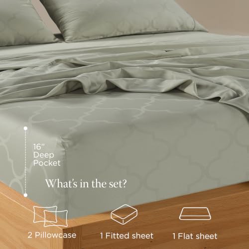 Image of Threadmill 300 Thread Count Cotton Full Sheet Set, Sateen, Damask, Sage | 100% Cotton, Sateen Weave, Damask Pattern, 4-Piece Set, 16 inch Deep Pocket, Cooling, Fade-Resistant, OEKO-TEX Certified