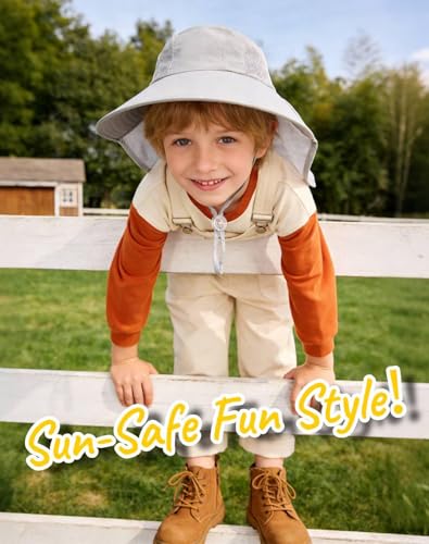 Image of Rosoz Kids Sun Hat with Neck Flap UV Protection Summer Toddler Beach Hat Unisex Ponytail Hat Wide Brim Fishing Hat