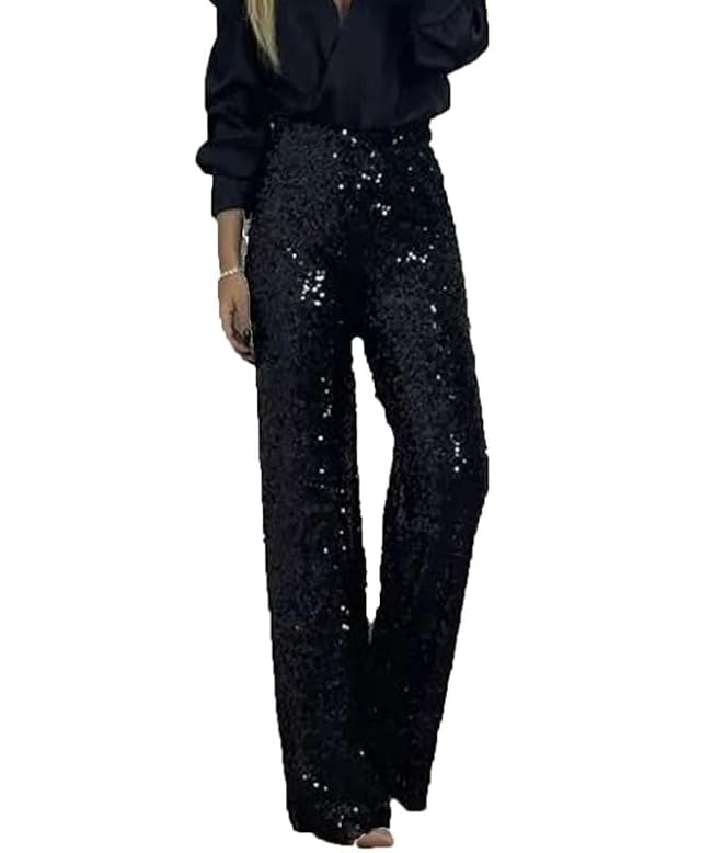 Women Sequin Sparkly Straight Pants Party Night Out Glitter Pant High Elastic Waist Clubwear Shiny Trousers