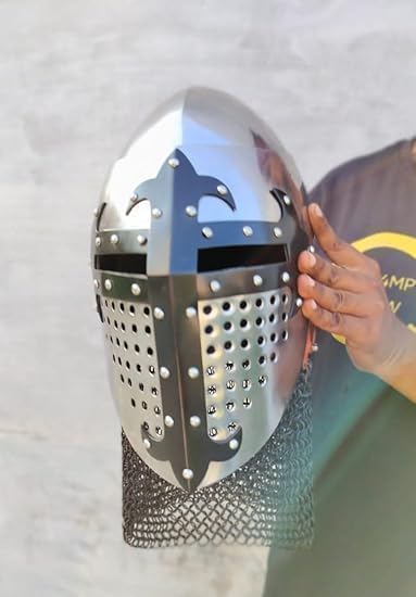 Medieval Knight Templar Helmet, Chainmail Armor with Visor, LARP Costume Accessory