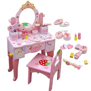 Youlines 子供用ドレッシングテーブル、椅子付き、引き出し収納、女の子、プレイハウス、おもちゃ、木製、かわいい鏡 (脚の高い鏡台+椅子です)