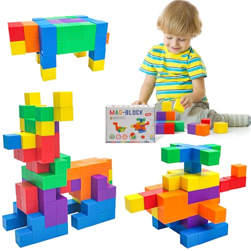 ROUSKY Lot de 48 Aides pédagogiques mathématiques – Cubes magnétiques hexaédriques, Blocs magnétiques, pensée Spatiale, modèles géométriques Solides...