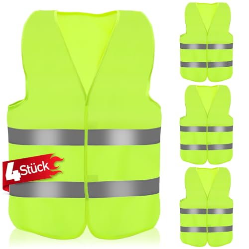 Aerzouser 4 Stück Warnwesten Auto, Sicherheitsweste Auto, Warnwesten, Warnweste Auto,Warnwesten Auto 4er,Warnweste für die Nächtliche Pannenhilfe, Ausgestattet Mit Hochwertigen Reflexstreifen