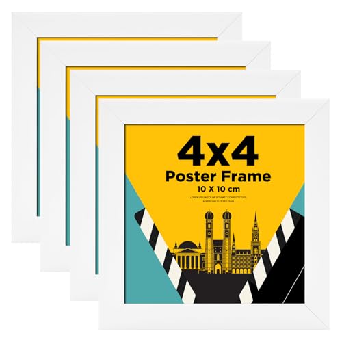 Egofine Cornice portafoto in legno con vetro acrilico, 10 x 10 cm, set da 4 cornici quadrate per decorazione da parete o da tavolo, colore bianco