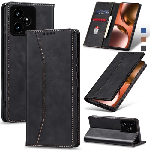 Jasonyu Handyhülle für Realme GT 7 Hülle Leder Flip Klappbare Stoßfeste Magnetische Premium PU Leder Standfunktion Kartenfächern Schutzhülle Klapphülle,Schwarz