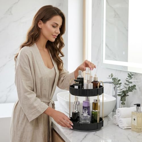 Image of INOVERA (LABEL) 360 Rotation Makeup Organizer for Women, Girls & Bride - Dressing Table Cosmetic Storage Case - Bathroom Vanity Skincare Holder Organiser (2 Tier, Black)
