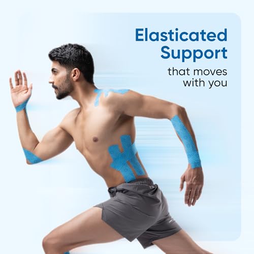 Image of Frido Kinesiology Tape for Sports Injury Pain Relief, Muscle and Joint Support | Waterproof Cotton Elastic Athletic Tape with Stretch Indicators | K Tape For Knee, Ankle, Arm & Shoulder | Light Blue