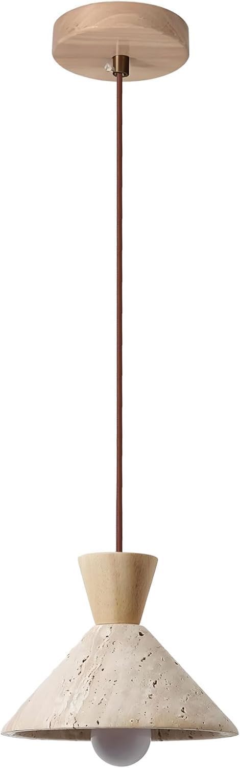 LYMSXAZOU 7-Inch Yellow Travertine Pendant Light Fixture - Organic Chandelier for Japandi Interiors, Adjustable Hanging Lamp Kitchen Island & Living Room(Wood)