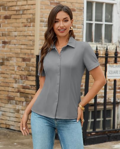Image of Gleeivy Women's Slim Fit Button Down Shirt Stretch Short Sleeve Wrinkle-Free Work Blouse for Business Casual Office