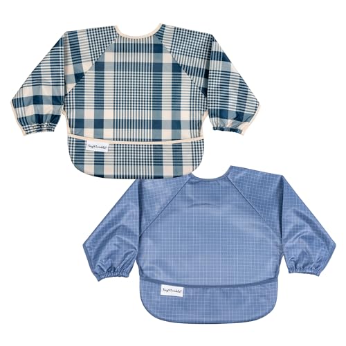 Image of Tiny Twinkle Long Sleeve Bib for Babies & Toddlers | 2-Pack Waterproof Smock Bib for Eating | Machine Washable & Mess-Proof Feeding Essentials | Newborn Shower Gift (Gingham Grid, 6-24M)