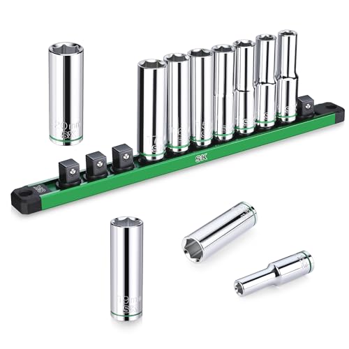 SK 1/2' Drive Socket Set, Deep Metric Sockets, 11-Piece 10-20mm, SuperKrome Finish, Premium CR-V Construction, with Aluminum Socket Organizer