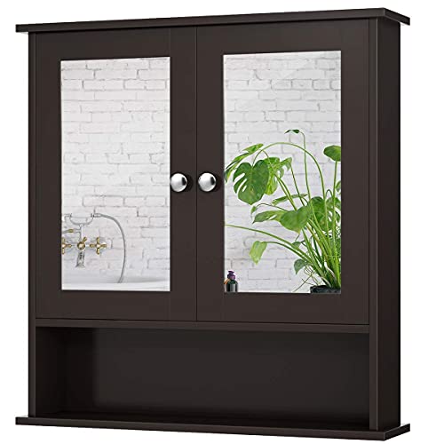 HOMGX Wall Mounted Wooden Bathroom Cabinet, Wood Storage Cabinet w/Double Mirror Doors, Wall Hanging Shelves Organizer w/Round Knob, Over-Toilet Cabinet for Bathroom, Kitchen, Bedroom (Brown)
