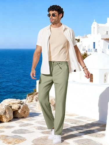 Image of COOFANDY Men's Cotton Linen Pants Casual Drawstring Dress Pants Beach Summer Lightweight Trousers