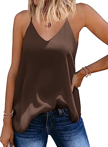 SUNAELIA Summer Shirts for Women Plus Size Tank Tops Flowy Dressy Long V-Neck Tops for Junior Brown