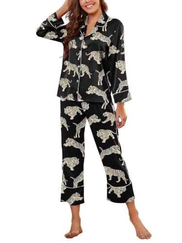 Image of Brosloth Women's Silk Satin Pajamas Long Sleeve Button Up Loungewear Set | Button Down Animal Print Pajamas, Ladies Fancy Pajama sets, Two Piece Lounge Set, Notch Collar Lightweight Sleepwear, Gift