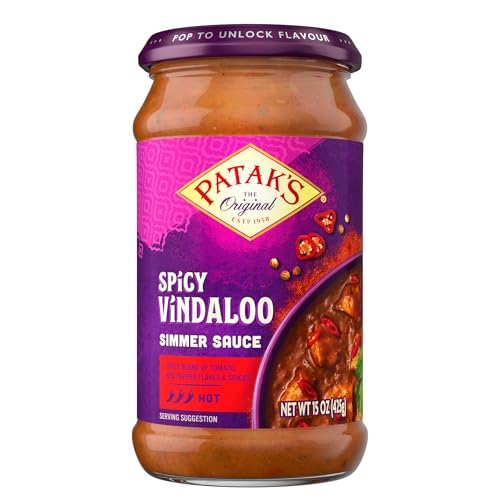 Pataks Spicy Vindaloo Simmer Sauce, Extra Curry, Made with Tomato Paste, Chile & Spices, Gluten-Free & Vegan Indian, Perfect for Chicken, Lamb & Vegetables, 15 oz Jar, 3-Pack