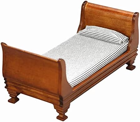 EatingBiting 1:12 Dollhouse Miniature Doll Furniture Vintage Wooden Single Bed Stripe Bedding image 2
