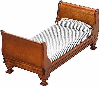 EatingBiting 112 Dollhouse Miniature Doll Furniture Vintage Wooden Single Bed Stripe Bedding