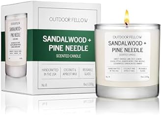Outdoor Fellow Sandalwood + Pine Needle Scented Candle, 8oz, Coconut & Apricot Wax Blend, Sandalwood, Pine Needle, Eucalyptus, Reusable Glass, 40-50 Hour Burn Time