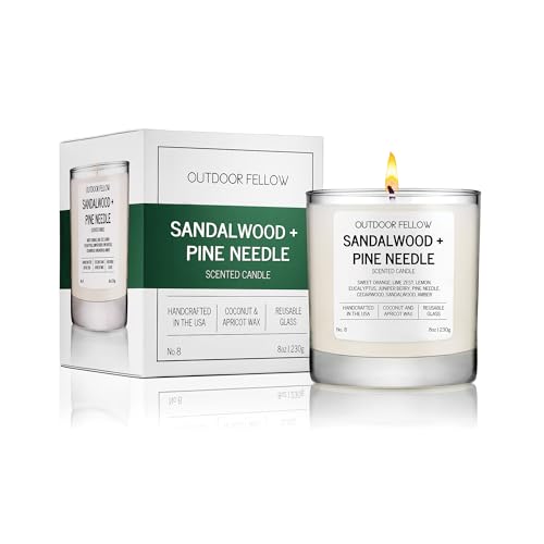Outdoor Fellow Sandalwood + Pine Needle Scented Candle, 8oz, Coconut & Apricot Wax Blend, Sandalwood, Pine Needle, Eucalyptus, Reusable Glass, 40-50 Hour Burn Time