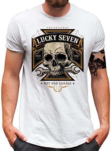 T-shirt homme grande taille XXXXL Lucky 7 en coton blanc pour passionné de Hot Rod Racing