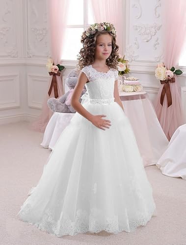 Vestidos de Primera Comunión blanco con encaje de flores para niñas 2