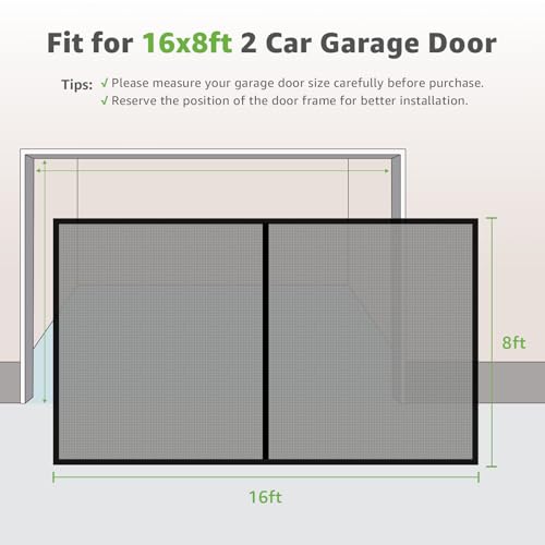 Image of Garage Screen Doors for 2 Car Garage, 16x8 Ft Magnetic Closure Heavy Duty Weighted Bottom Screen Self Sealing Fiberglass Mesh Retractable Net - Easy Assembly & Pass-Through Black