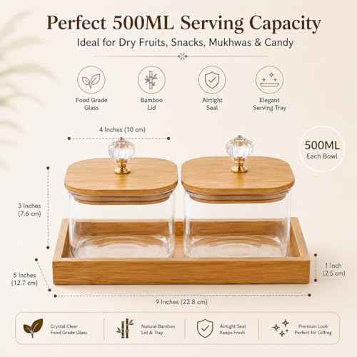 Image of 500ML Glass Storage Jar Set with Bamboo Tray & Airtight Bamboo Lid, Transparent Kitchen Containers for Dry Fruits, Snacks, Candy, Mukhwas & Tea Storage, Set of 2