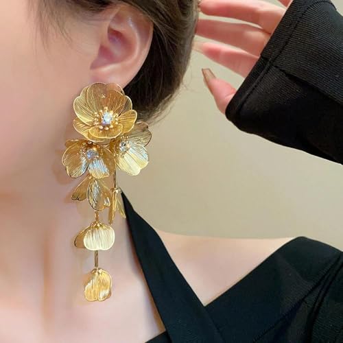 Gold Flower Drop Earrings for Women Trendy Floral Statement Earrings Vintage Bohemian Dangly Earring Simple Everyday Floral Jewelry Accessories3