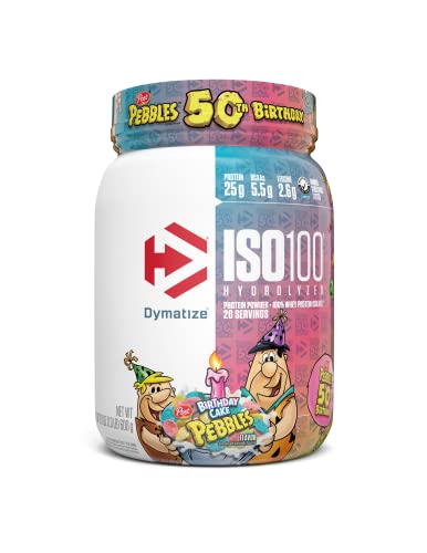 Dymatize ISO100 Hydrolyzed Protein Powder in Birthday Cake Flavor, 100% Whey Isolate Protein, 25g of Protein, 5.5g BCAAs, Gluten Free, Fast Absorbing, Easy Digesting, 20 Serving