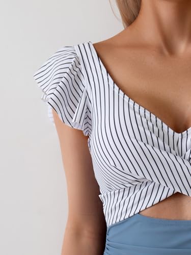 Image of B2prity One Piece Swimsuits for Women Ruffle Sleeve V Neck Bathing Suit Tummy Control Cutout Monokini Slimming Swimwear