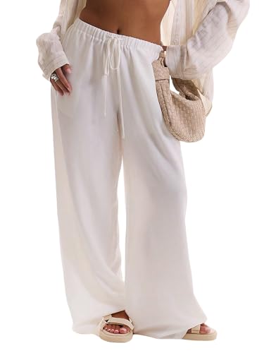 Image of Womens Linen Pants Wide Leg Loose Swimsuit Coverups Summer Pants Beach Vacation Outfits