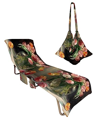 Watercolor Flower, Beach Lounge Chair Towel Cover, Soft Chaise Lounge Towel with Side Pockets Patio Pool Chairs Cover for Beach/Pool Sunbathing 29x85 Colorful Country Rustic Bottle Floral