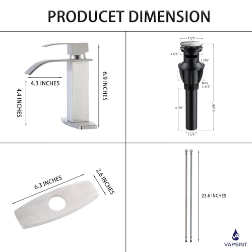 VAPSINT Brushed Nickel Waterfall Bathroom Faucet, Modern Single Handle Centerset Bathroom Sink Faucet for 1 or 3 Hole, Stainless Steel Vanity Washbasin Faucets with Deck Plate and Pop-up Drain by VAPSINT - Image 7