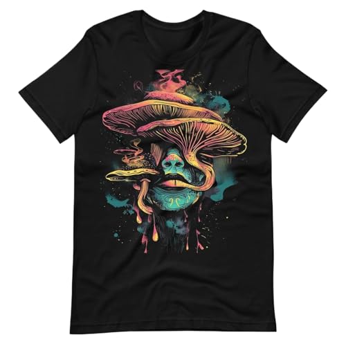 Purrgru Trippy Mushroom Graphic T-Shirt, Retro Psychedelic Vaporwave Weirdcore Tee (3X-Large) Black