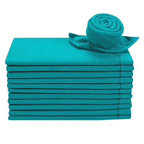 Homebia Designs Cotton Dinner Napkins Set of 12, 18x18, Hemstitched Teal