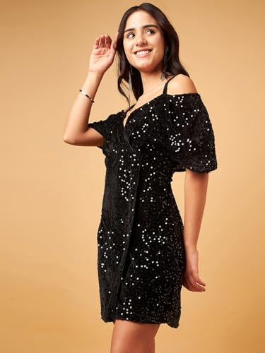 Image of DRAPE AND DAZZLE Women Shimmer Velvet Bodycon Dress with Shoulder Straps | Mini Dress | Western Dress for Women | DD-106