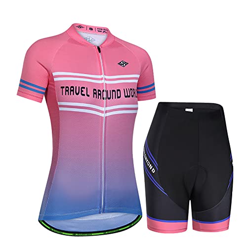 WEALTHY73 Summer Women's Cycling Jersey Set Breathable Riding Short Sleeve 3D Padded Bike Shorts Quick Dry Outfit,Pink,M(160cm52kg)